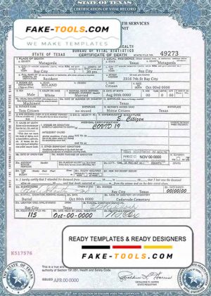 USA Texas state death certificate template in PSD format, fully editable, version 2