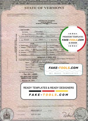 USA Vermont  state birth certificate template in PSD format, fully editable