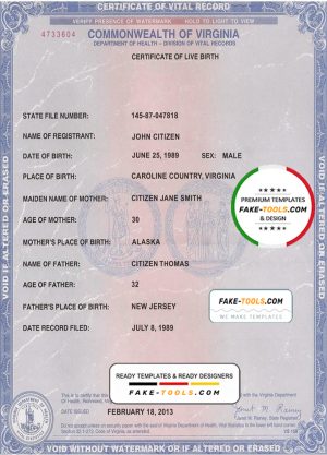 USA Virginia state birth certificate template in PSD format, fully editable