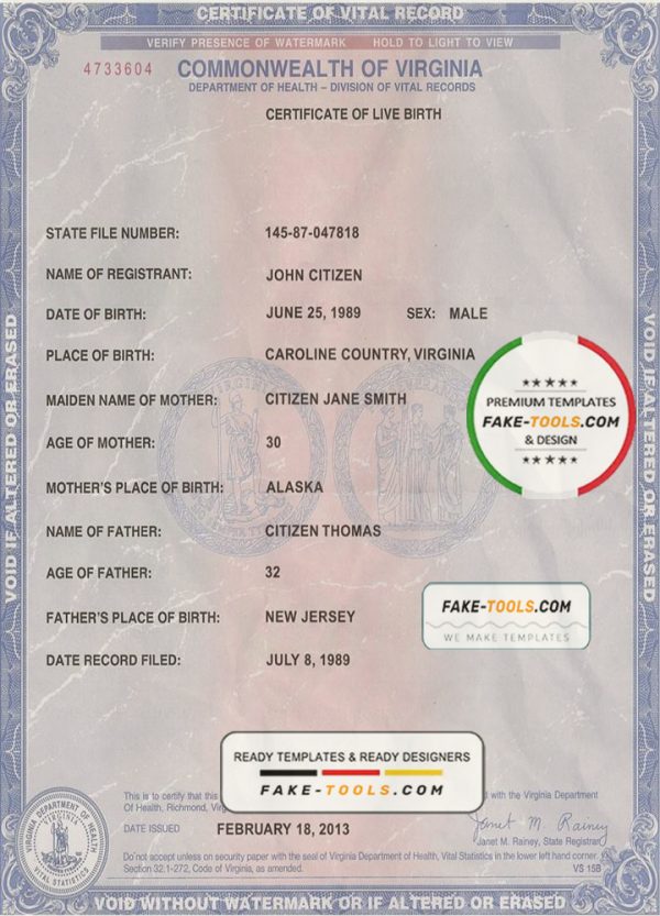 USA Virginia state birth certificate template in PSD format, fully editable