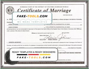 USA Washington district of Columbia marriage certificate template in PSD format