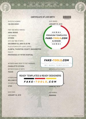 USA Washington state birth certificate template in PSD format, fully editable
