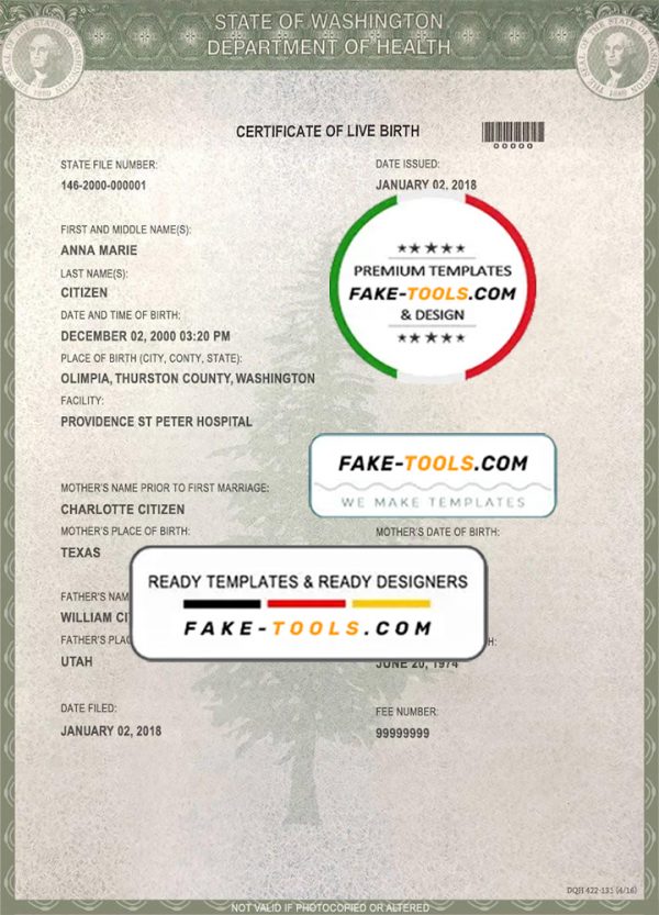 USA Washington state birth certificate template in PSD format, fully editable