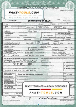 USA Washington state death certificate template in PSD format, fully editable, version 2