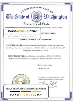 USA Washington state marriage certificate template in PSD format