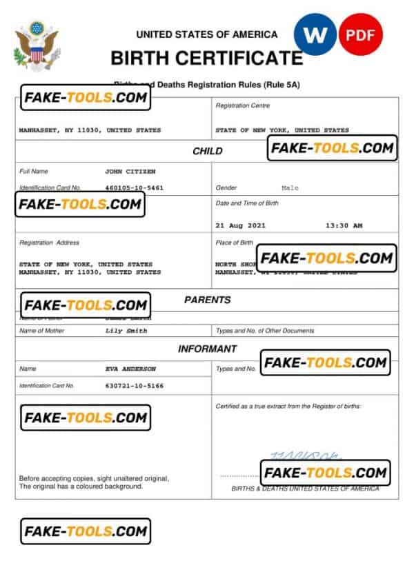 USA birth certificate Word and PDF template, completely editable