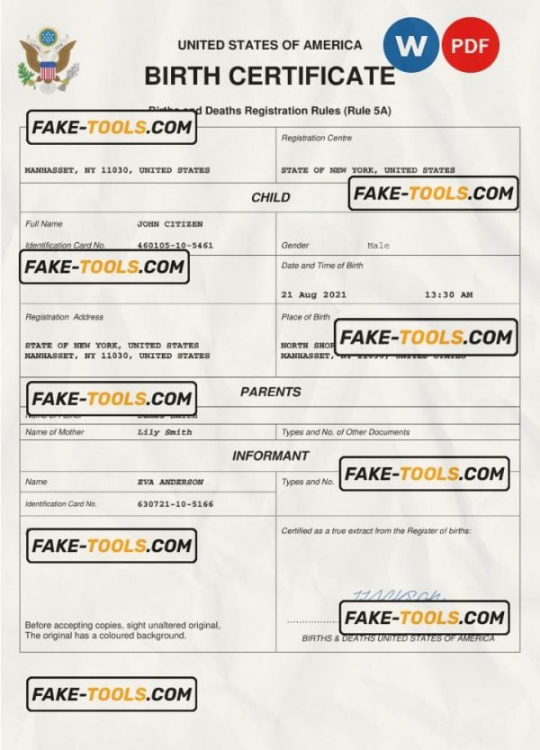USA birth certificate Word and PDF template, completely editable