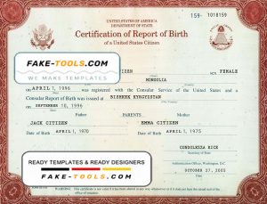 USA certification of report of birth Washington certificate template in PSD format, fully editable