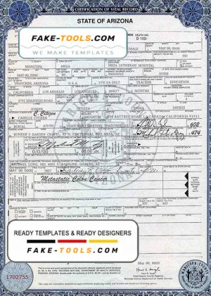 USA state Arizona death certificate template in PSD format
