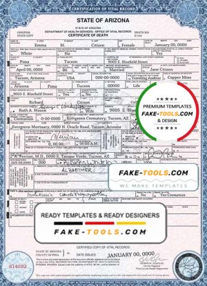 USA state Arizona death certificate template in PSD format, fully editable