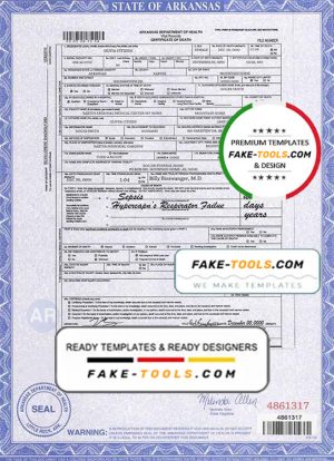USA state Arkansas death certificate template in PSD format, fully editable