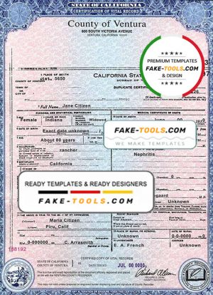 USA state California County of Ventura death certificate template in PSD format, fully editable