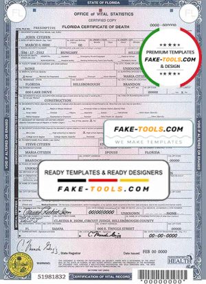 USA state Florida death certificate template in PSD format, fully editable