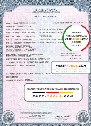 USA state Idaho death certificate template in PSD format, fully editable