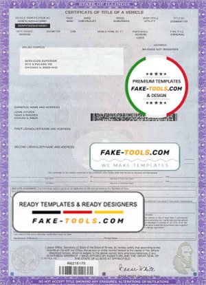 USA state Illinois certificate of title of a vehicle template in PSD format, fully editable