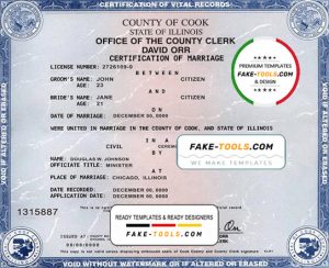 USA state Illinois marriage certificate template in PSD format, fully editable