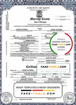 USA state Michigan Kent County marriage certificate template in PSD format, fully editable