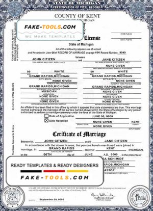 USA state Michigan Kent County marriage certificate template in PSD format, fully editable, version 2