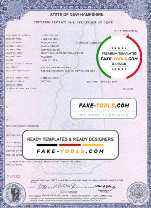 USA state New Hampshire death certificate template in PSD format, fully editable