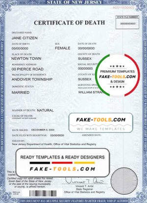 USA state New Jersey death certificate template in PSD format, fully editable