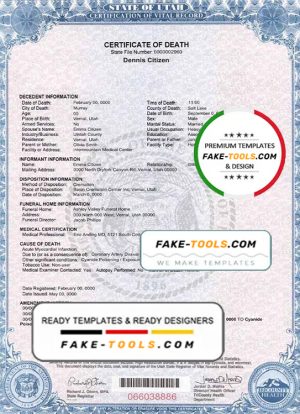 USA state Utah death certificate template in PSD format, fully editable