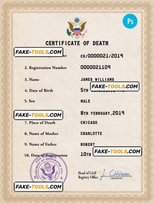 USA vital record death certificate PSD template