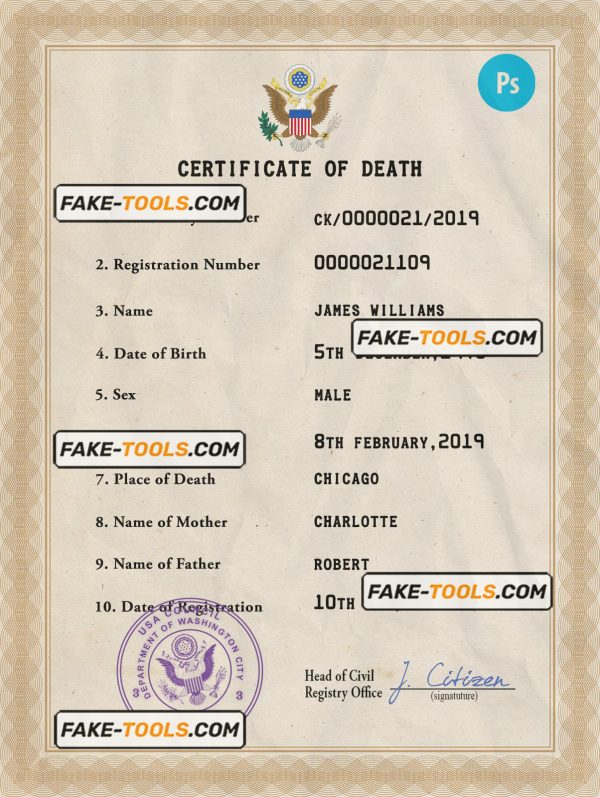 USA vital record death certificate PSD template