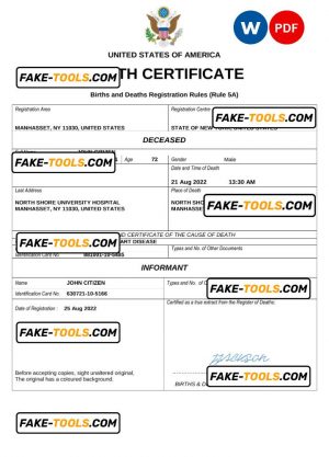 USA vital record death certificate Word and PDF template