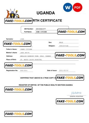 Uganda birth certificate Word and PDF template, completely editable