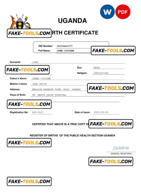 Uganda birth certificate Word and PDF template, completely editable