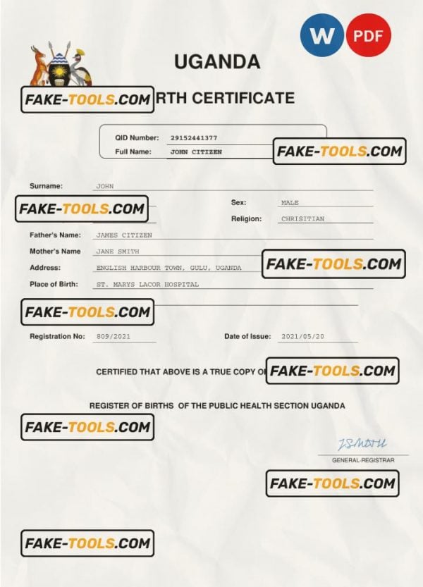 Uganda birth certificate Word and PDF template, completely editable