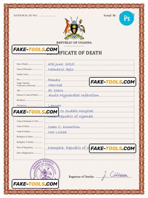Uganda vital record death certificate PSD template, fully editable