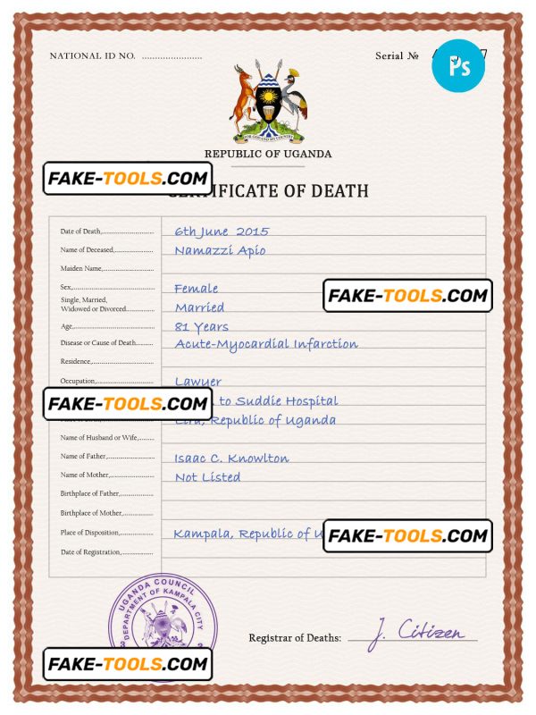 Uganda vital record death certificate PSD template, fully editable