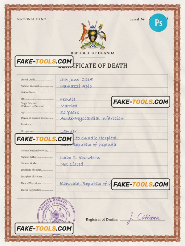 Uganda vital record death certificate PSD template, fully editable