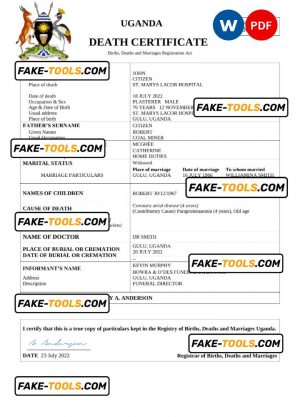 Uganda vital record death certificate Word and PDF template