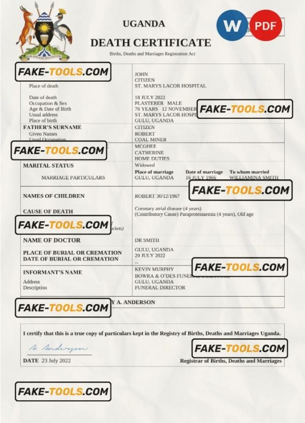 Uganda vital record death certificate Word and PDF template