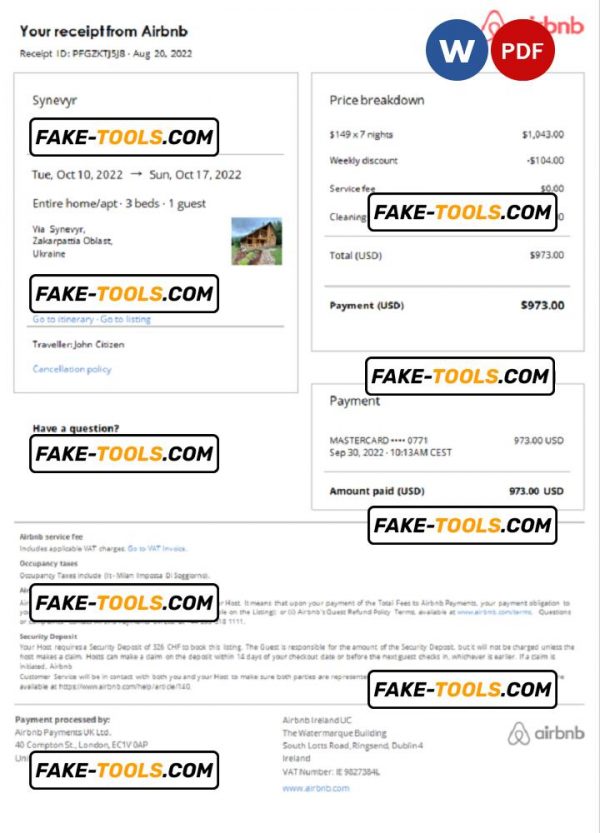 Ukraine Airbnb booking confirmation Word and PDF template