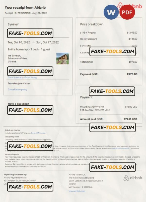 Ukraine Airbnb booking confirmation Word and PDF template scan effect