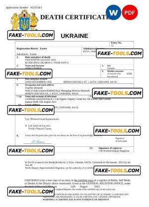 Ukraine death certificate Word and PDF template, completely editable