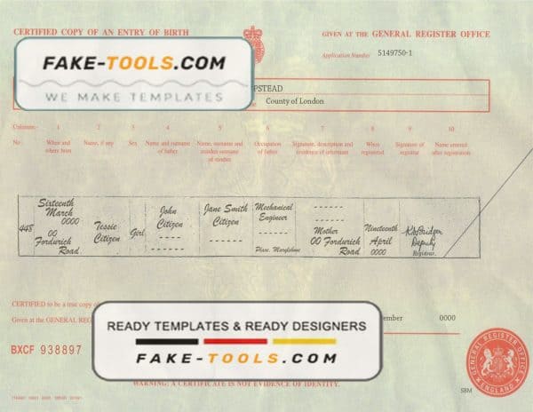 United Kingdom birth certificate template in PSD format, fully editable