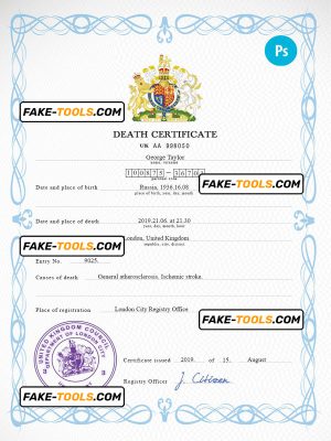United Kingdom death certificate PSD template, completely editable