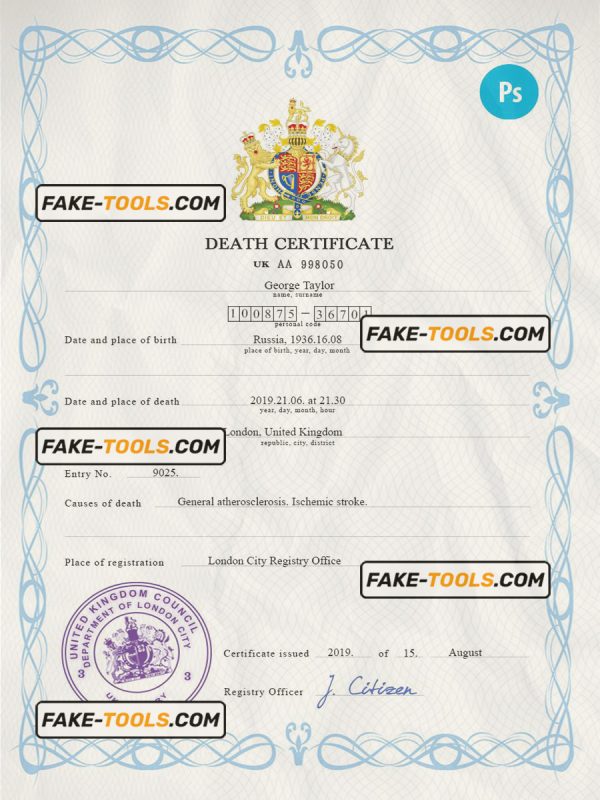 United Kingdom death certificate PSD template, completely editable