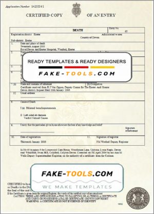 United Kingdom death certificate template in Word and PDF format