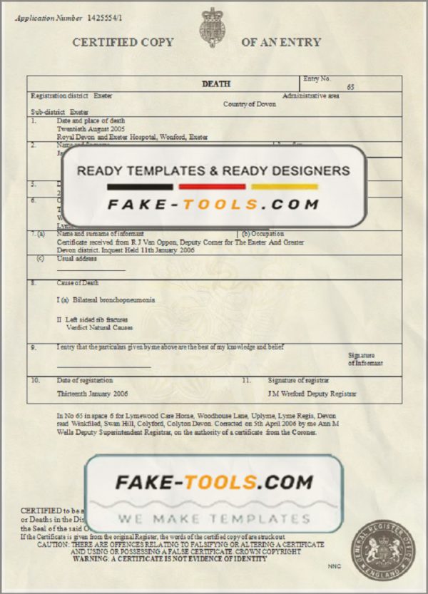 United Kingdom death certificate template in Word and PDF format