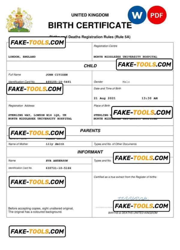 United Kingdom vital record birth certificate Word and PDF template, completely editable