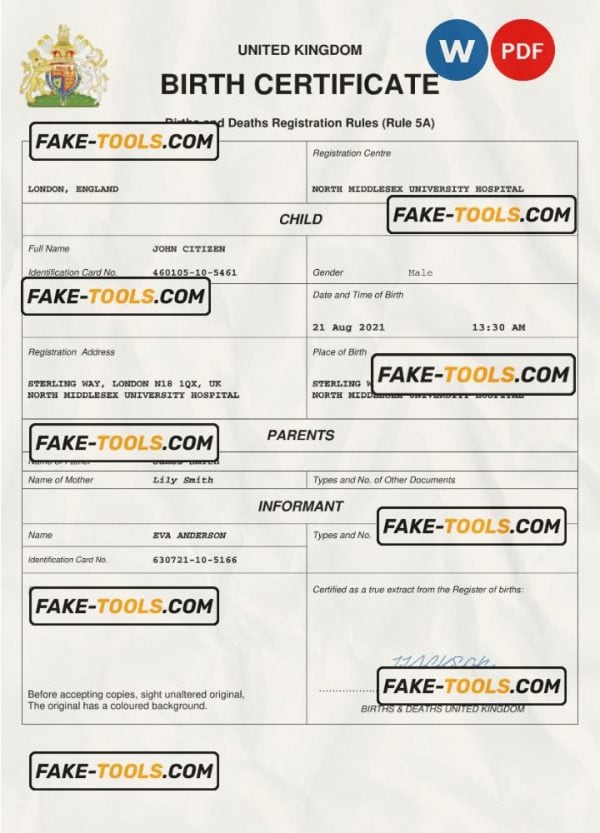 United Kingdom vital record birth certificate Word and PDF template, completely editable
