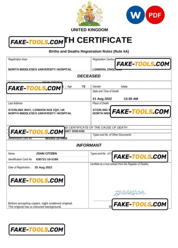 United Kingdom vital record death certificate Word and PDF template