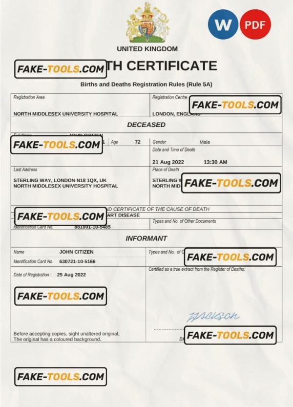 United Kingdom vital record death certificate Word and PDF template