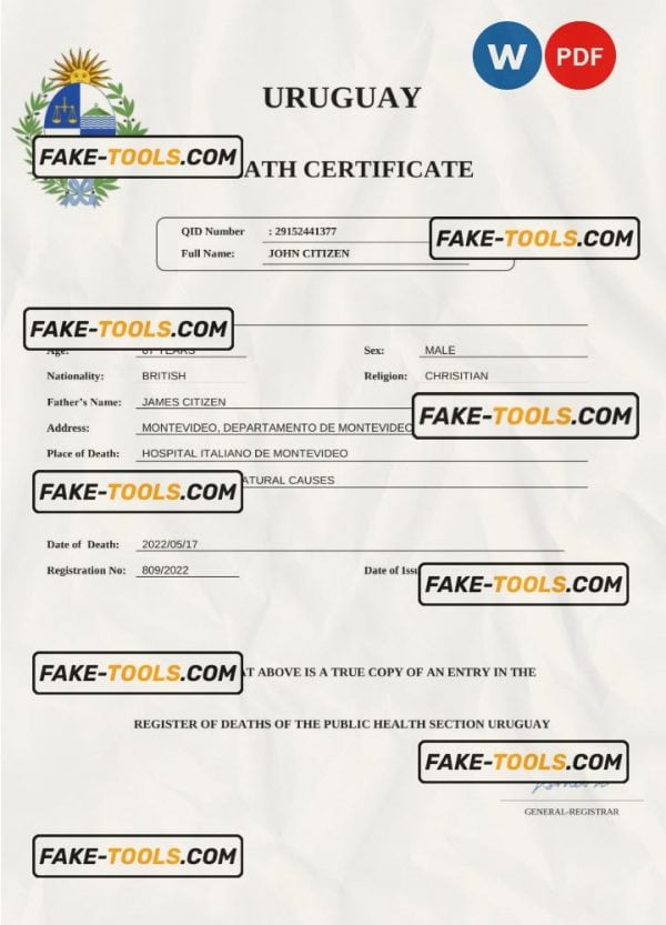 Uruguay death certificate Word and PDF template, completely editable