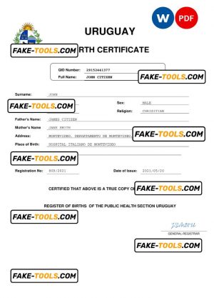 Uruguay vital record birth certificate Word and PDF template, completely editable